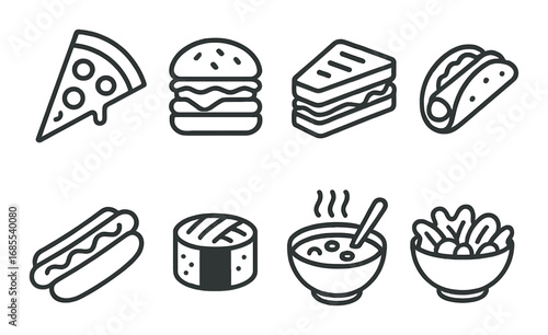 Vector icons of popular fast food: pizza, burger, sandwich, taco, hot dog, sushi, soup, salad