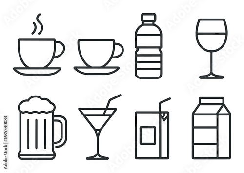 Collection of beverage icons: coffee, wine, beer, juice, and water outlines