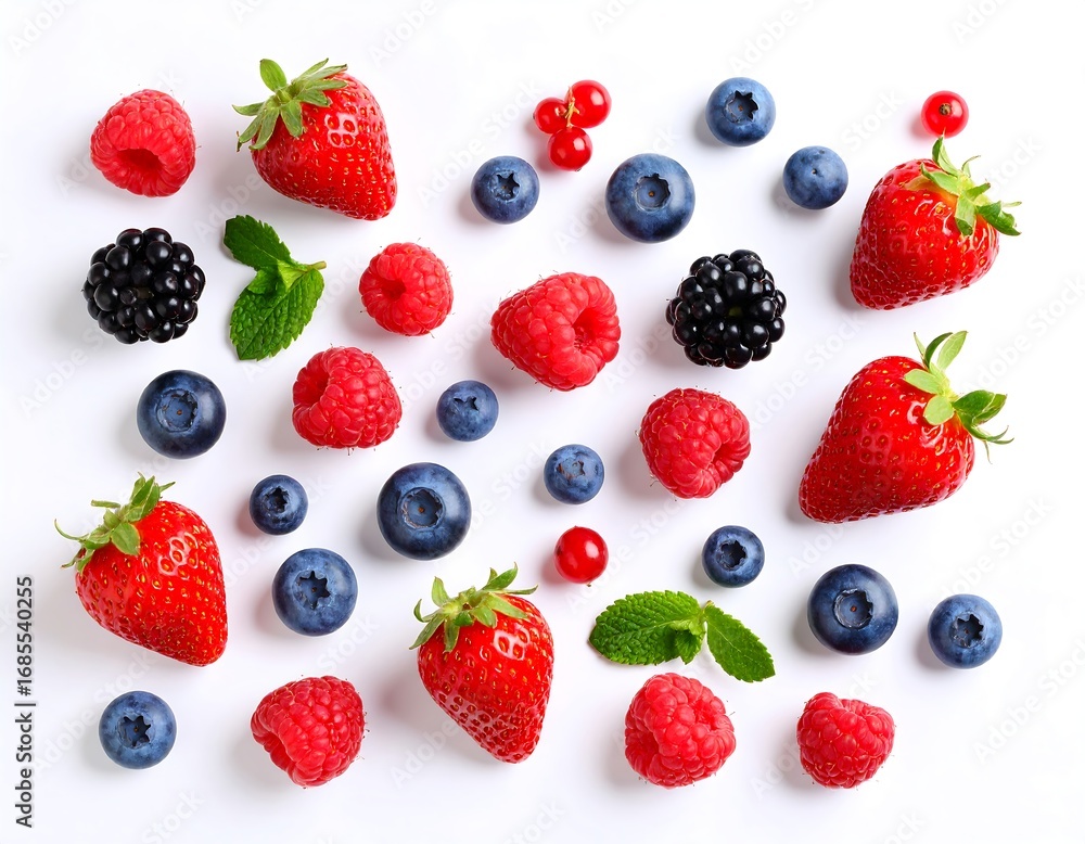 Obraz premium Assorted fresh berries arranged on white background (1)