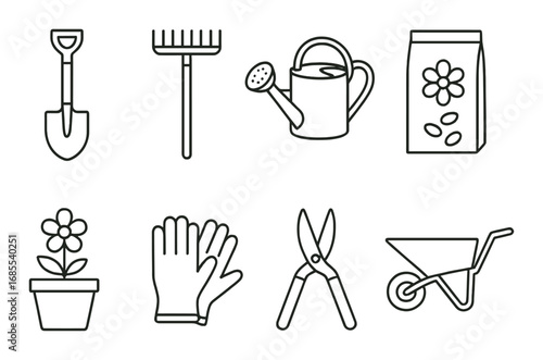 Outline icons of garden tools and supplies on brown background
