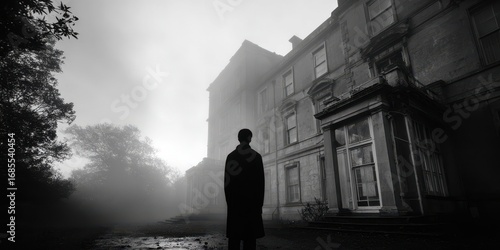 Haunted Asylum with Shadowy Figure. A Spooky Presence Evoking Eerie Atmosphere in a Sinister Setting