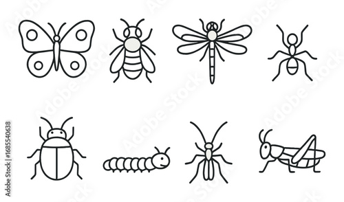 Set of minimalist insect icons: butterfly, dragonfly, ant, beetle, caterpillar, grasshopper