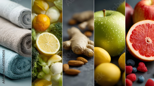 Citrus fruits and nuts healthy food collage for wellness
