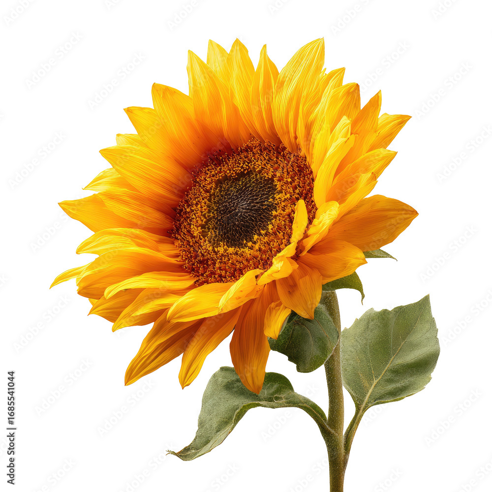 Obraz premium Close-up of a vibrant sunflower with a rich yellow-orange hue. Dark center disk. Green leaves
