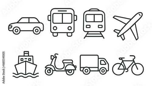 Minimalist icons of various transport modes including car, bus, train, and more