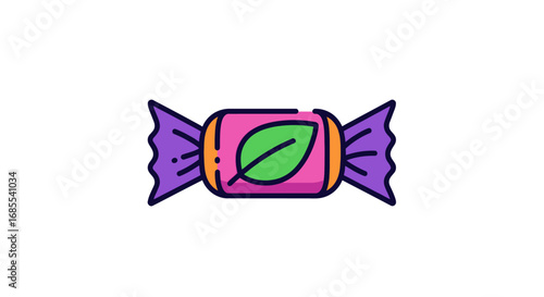 Mint Flavored Candy with Purple Wrapper and Green Leaf Design