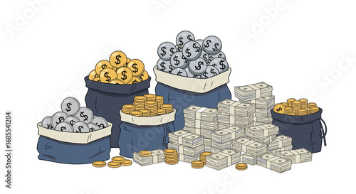 Large piles of money and gold coins representing wealth and financial success