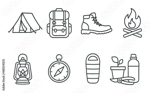 Outdoor adventure equipment icons: tent, backpack, boots, fire, lantern, compass, sleeping bag, plant, bottle