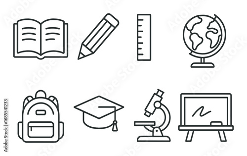 Education icons: book, pencil, ruler, globe, backpack, graduation cap, microscope, chalkboard