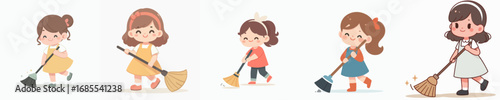 a little girl sweeping cleans something