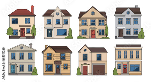 Collection of pixel art style residential house buildings with different architectural designs
