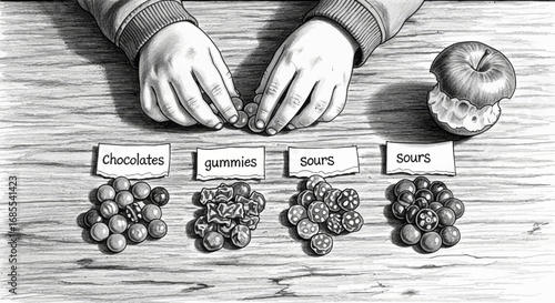 Hand-drawn Illustration of Assorted Candies and a Partially Eaten Apple