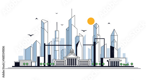 Modern cityscape architecture buildings skyline with government buildings under the sun