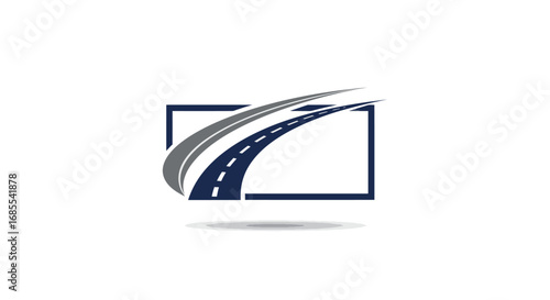 A modern logo of a curving blue highway with a grey swoosh breaking out of a dark rectangular frame.