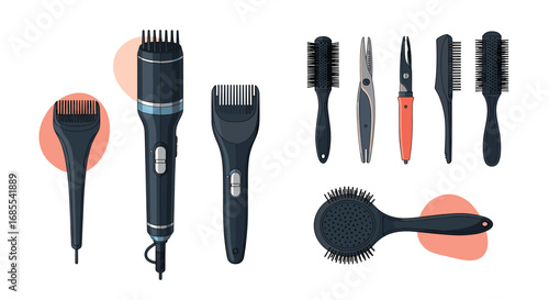 Collection of hair styling tools and accessories for professional hairdressing and home use