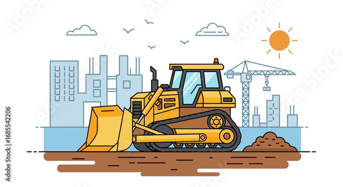 Yellow Construction Bulldozer on Construction Site Illustration