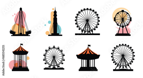 Collection of amusement park rides ferris wheel carousel and tower silhouettes art