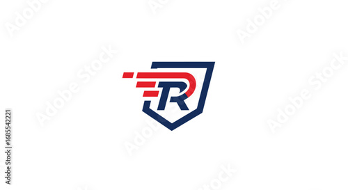 Modern Shield Logo with Letter R, Red Speed Lines, and Blue Outline.