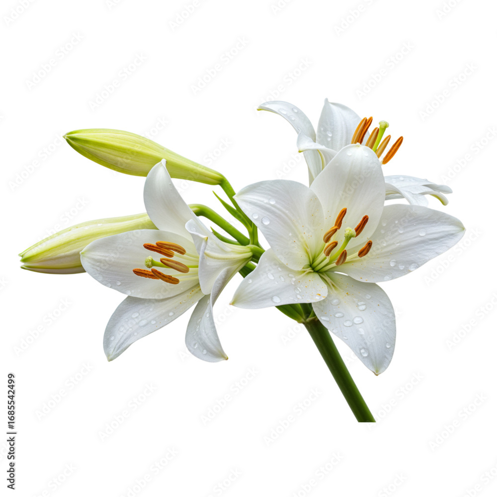 Fototapeta premium Delicate white easter lilies bloom with delicate buds against a stark backdrop transparent background