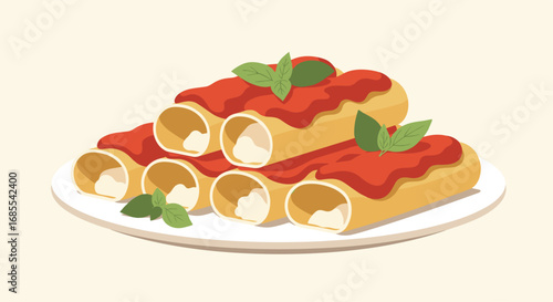 Delicious italian cannelloni pasta filled with ricotta and topped with marinara sauce