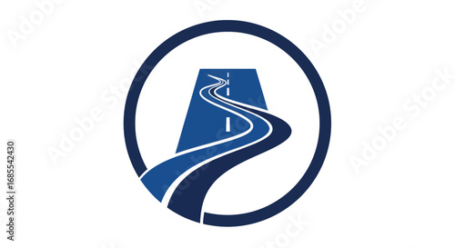 Blue Roadway Icon with Winding Path Inside a Circle, Modern Design.