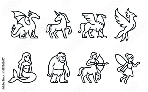 Silhouette illustrations of mythical creatures: dragon, unicorn, griffin, phoenix, mermaid, troll, centaur, fairy