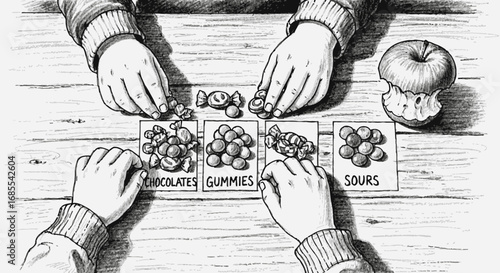 Hands Selecting Candy Choices on a Wooden Table