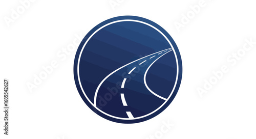 Circular Road Icon - Winding Path with Dashed Lines on Dark Blue.