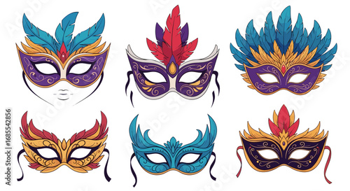 Collection of ornate festive masquerade masks with feathers and glitter accents for celebrations