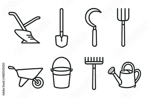 Rustic garden tool set vector illustration with outline icons