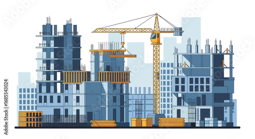 Construction Site with Crane and Buildings in Progress Illustration