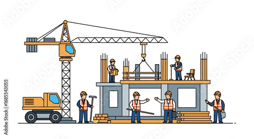 Construction Site with Workers and Crane, Building Under Construction