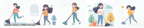 a woman sweeping cleans something