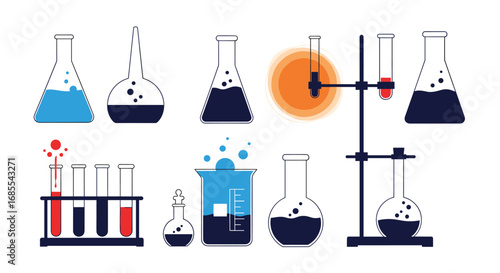 Illustrations of scientific glassware equipment used in chemical laboratories performing experiments