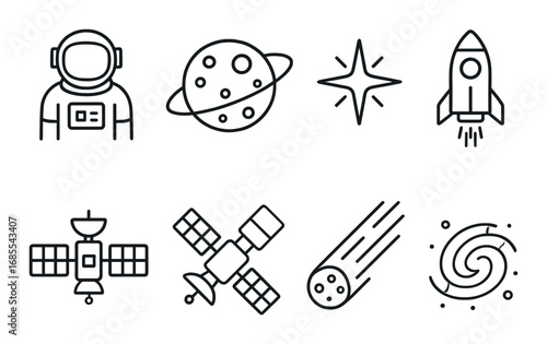 Collection of space icons: astronaut, planet, star, rocket, satellite, comet, galaxy