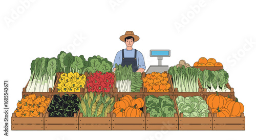 A friendly farmer stands proudly behind his bountiful display of fresh produce