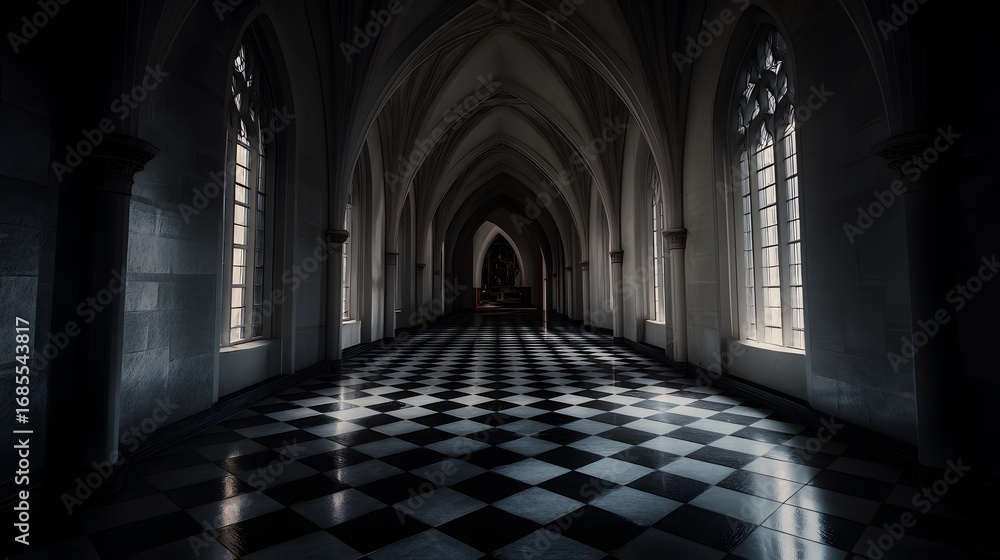 Fototapeta premium Long dark gothic hallway with high arched ceilings