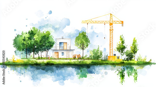 Serene watercolor painting depicting construction site with crane, surrounded by lush greenery and reflective water body