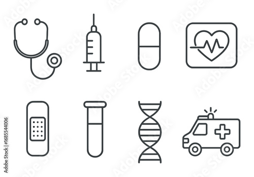 Healthcare icons: stethoscope, syringe, pill, heartbeat, bandage, test tube, dna, ambulance