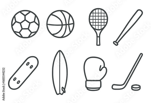 Outline of various sports equipment: soccer ball, basketball, tennis racket, baseball bat, skateboard, surfboard, boxing glove, hockey stick
