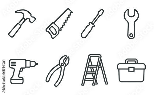 Collection of hand and power tools icon set on dark background
