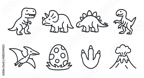 Silhouette illustrations of dinosaurs volcano and fossils