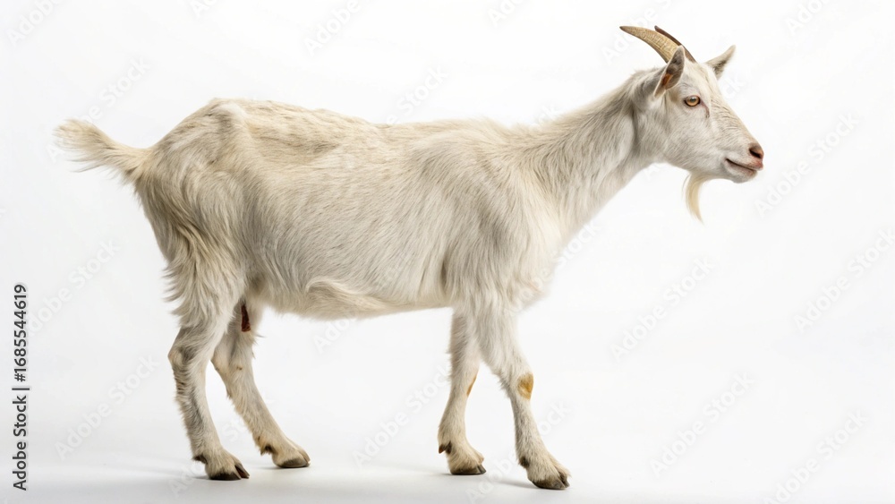 Obraz premium A portrait of two horned white goats with brown fur on a rural farm pasture