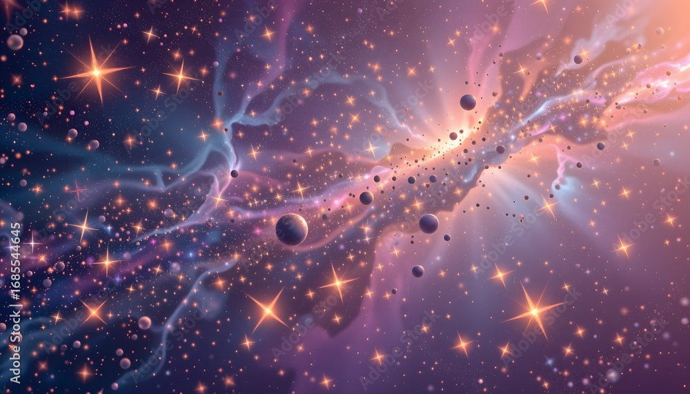 Obraz premium Celestial Dreamscape: A mesmerizing depiction of the cosmos, with vibrant celestial bodies and glowing star clusters, set against a backdrop of swirling nebulae.