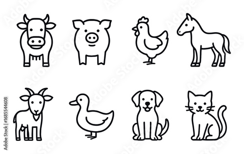 Silhouette icons of farm animals on dark background