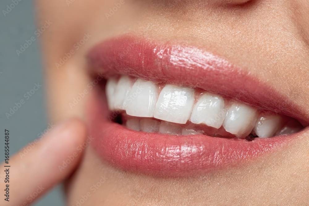 Naklejka premium Radiant Smile: Closeup of a Woman Showcasing Healthy Gums Against a Soft Grey Background