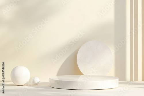 Minimal abstract podium display background with modern geometry shapes, soft light, natural shadows and round stage for stylish product presentation and design mockup