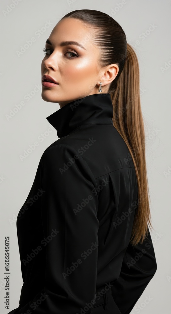 Fototapeta premium Elegance in Pose: A striking woman with flowing hair strikes a pose. Her attire is minimalistic