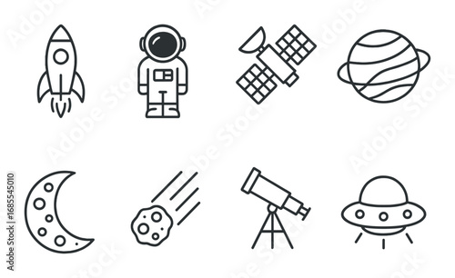 Celestial icons: rocket, astronaut, satellite, planet, moon, meteor, telescope, ufo