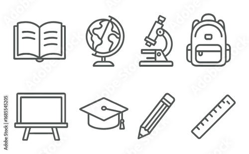 Educational icons set: book, globe, microscope, backpack, blackboard, graduation cap, pencil, ruler